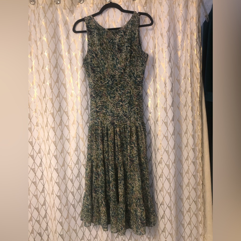 Jonathan Martin Dress White Teal Floral Drop Waist Midi V-Neck - size Medium - Picture 3 of 9
